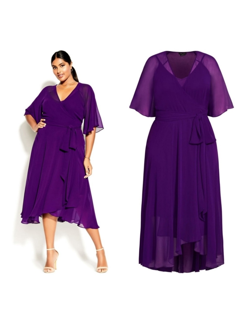 City Chic Deep Purple Wrap High-Low Midi Dress with Tie Waist